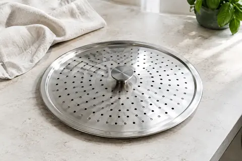 Couvercle rond en inox perforé posé sur un plan de travail clair dans une cuisine lumineuse