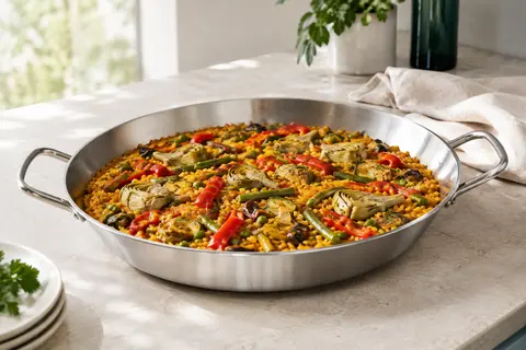 Plat à paella rond en inox posé sur un plan de travail clair dans une cuisine lumineuse
