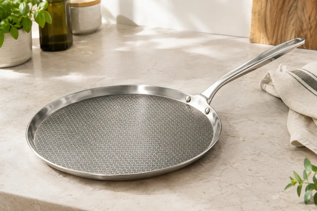 Poêle à crêpes Innerwell en inox avec surface alvéolée et longue poignée, posée sur un plan de travail clair.
