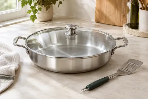 Poêle à paella Inqibee en inox avec poignées rivetées, couvercle en verre et spatule sur un plan de travail clair
