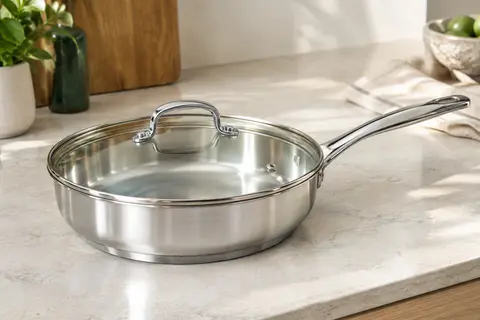 Poêle en inox argenté avec fond épais et couvercle en verre, posée sur un plan de travail clair