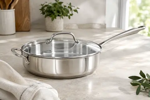 Sauteuse profonde en inox avec manche long et couvercle en verre posée sur un plan de travail clair