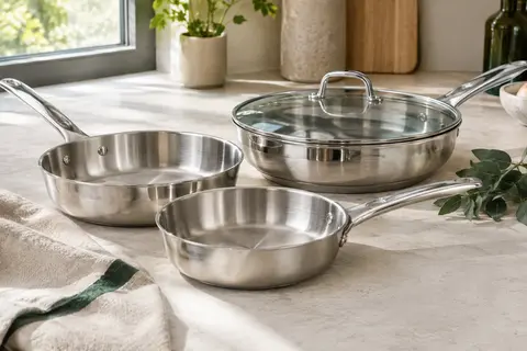 Trois poêles inox argentées de tailles différentes avec un couvercle transparent, posées sur un plan de travail clair.