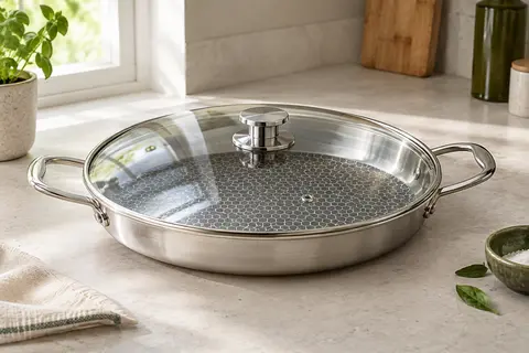 Poêle à paella inox à surface alvéolée et couvercle en verre sur un plan de travail clair.