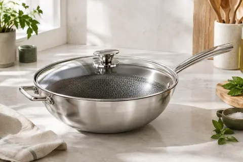 Wok en inox argenté avec relief alvéolé et couvercle en verre sur un plan de travail clair