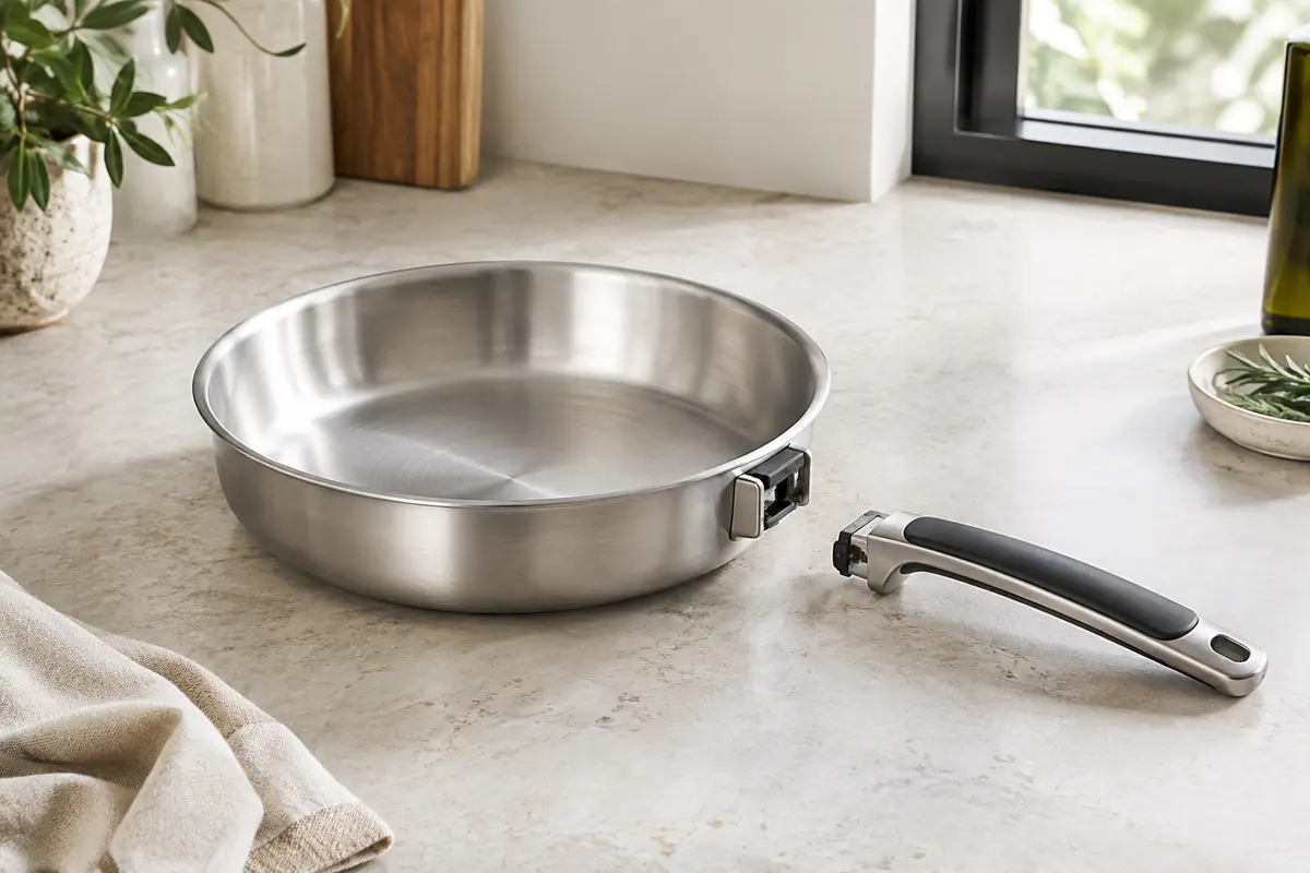 Poêle Kamberg en inox brossé de 24 cm avec son manche amovible posé à côté
