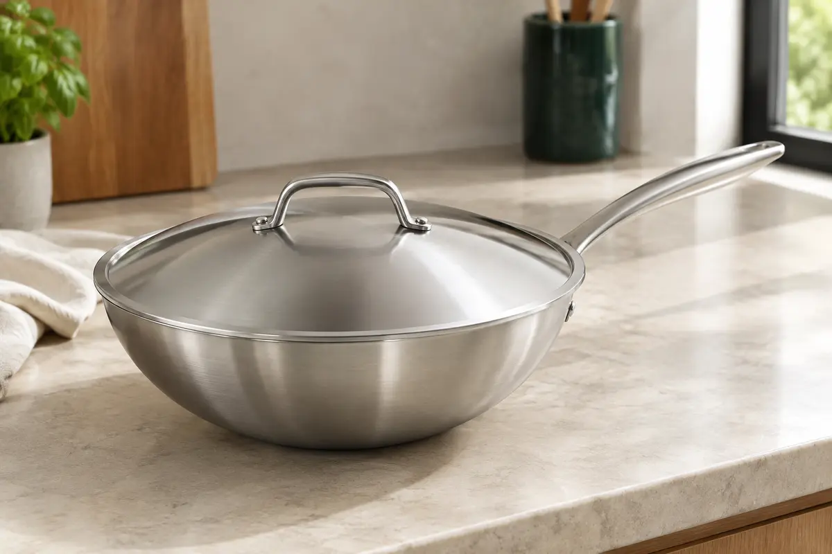 Wok en inox gris argenté avec couvercle, présenté sur un plan de travail clair dans une cuisine lumineuse.