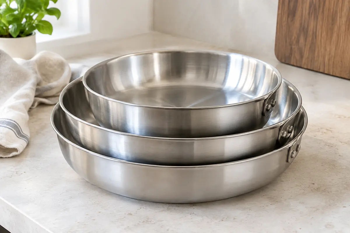 Trois poêles en inox de tailles différentes, empilées sur un plan de travail clair
