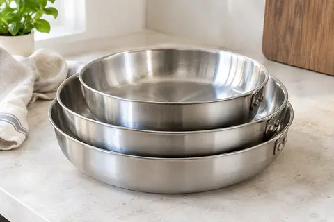 Trois poêles en inox de tailles différentes, empilées sur un plan de travail clair
