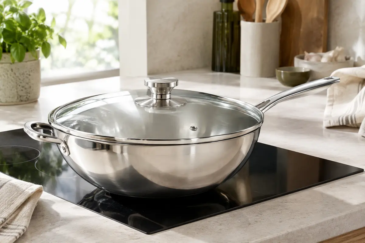 Wok Kopf Josie en acier inoxydable avec couvercle en verre et évent vapeur, posé dans une cuisine lumineuse