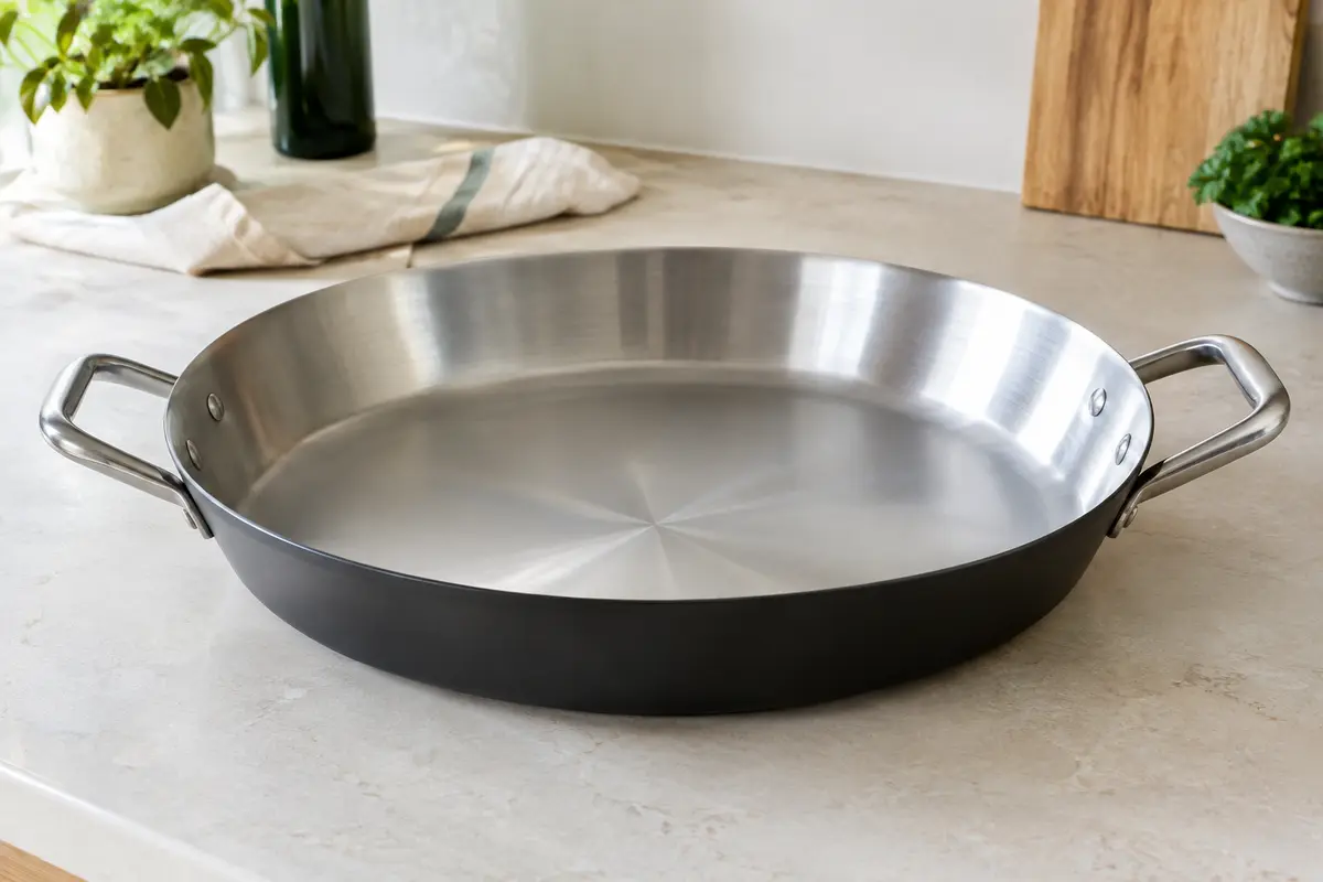 Poêle à paella Lacor TriChef noire avec poignées en inox, posée sur un plan de travail clair.