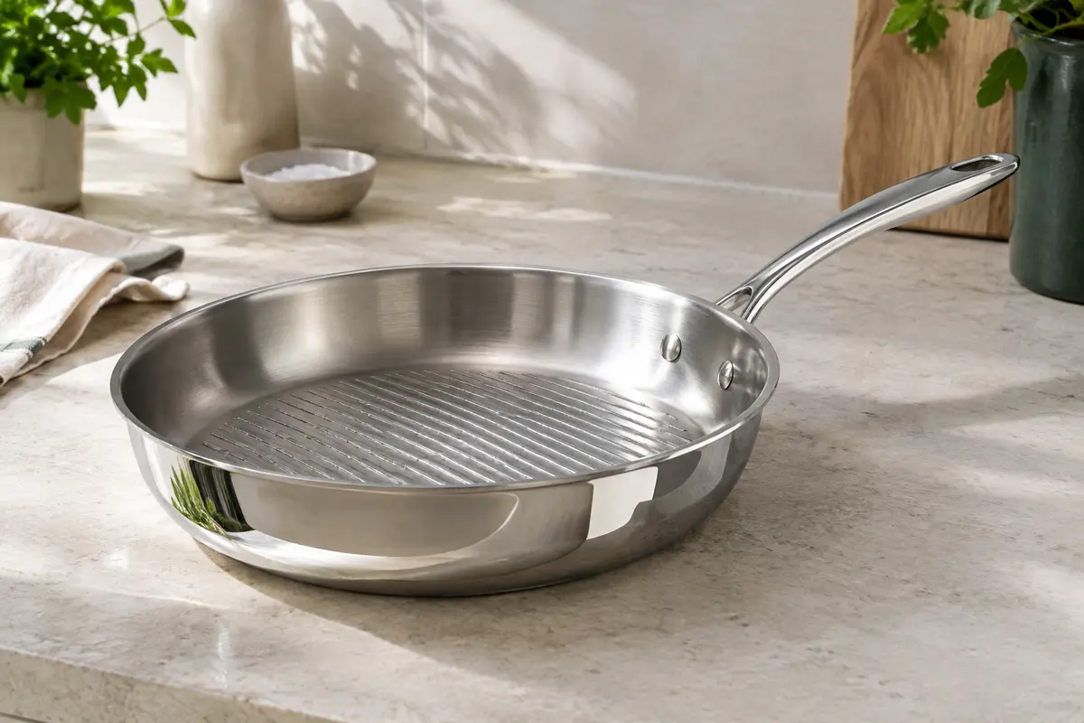 Poêle grill Lagostina en inox 18/10, à fond texturé et finition miroir, posée sur un plan de travail clair.