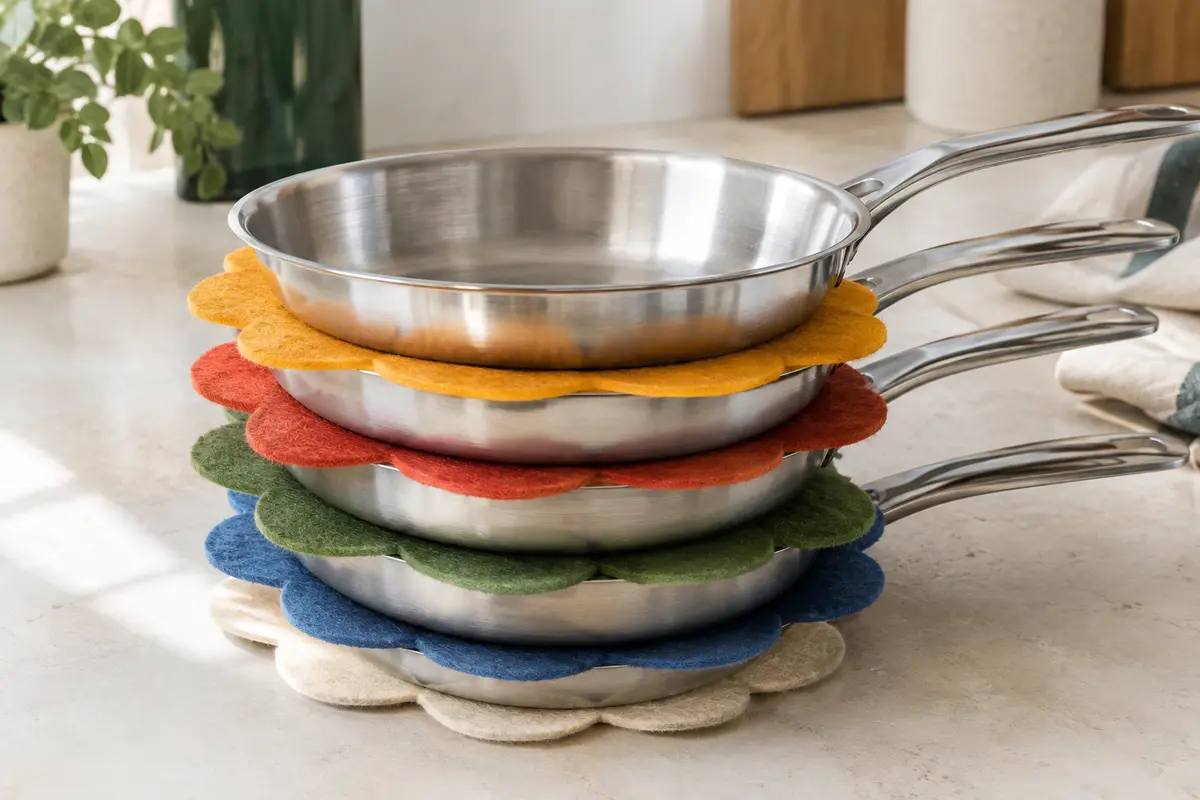 Protège-poêles en feutre multicolore en forme de fleur entre des poêles en inox empilées