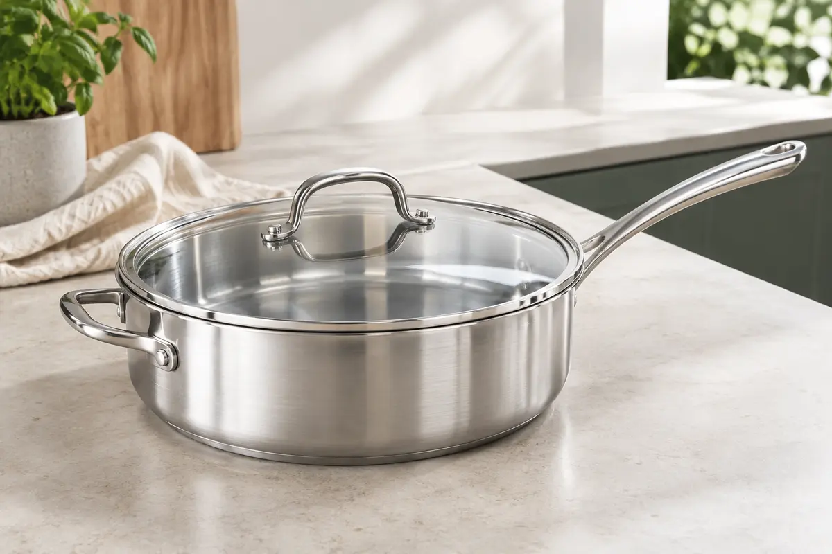 Sauteuse profonde en inox argenté de 26 cm avec couvercle transparent en verre, posée sur un plan de travail clair.