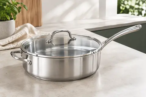 Sauteuse profonde en inox argenté de 26 cm avec couvercle transparent en verre, posée sur un plan de travail clair.
