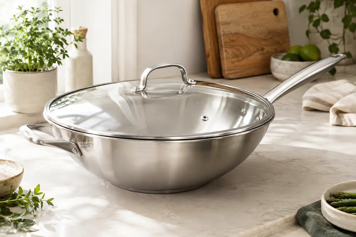 Wok en inox à fond plat avec couvercle en verre, posé sur un plan de travail clair