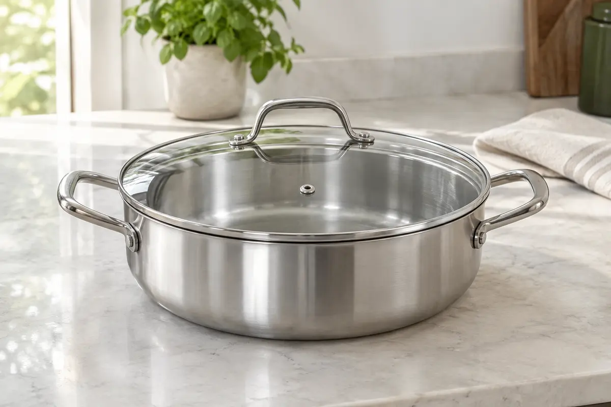 Sauteuse profonde en inox avec poignées rivetées et couvercle en verre ventilé sur un plan de travail clair