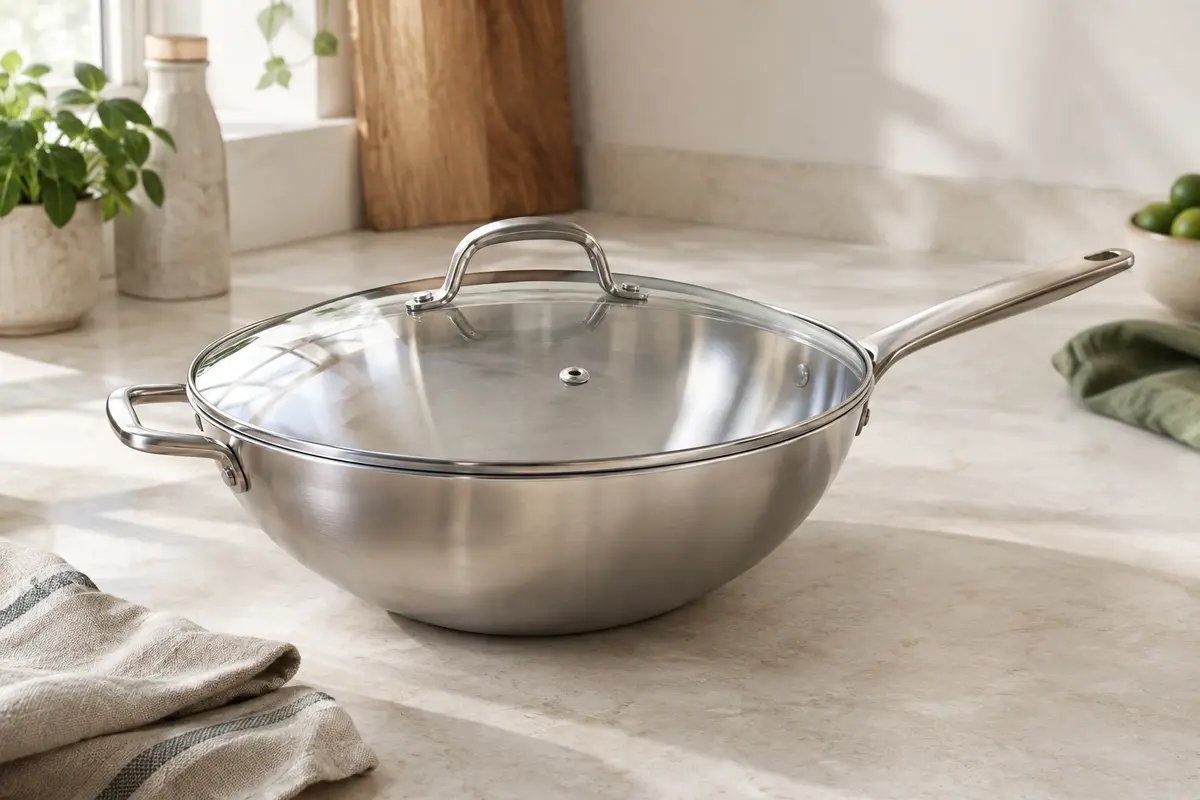 Wok Relaxdays en inox avec couvercle en verre posé sur un plan de travail clair dans une cuisine lumineuse.