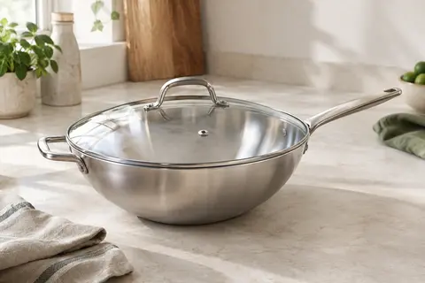 Wok Relaxdays en inox avec couvercle en verre posé sur un plan de travail clair dans une cuisine lumineuse.