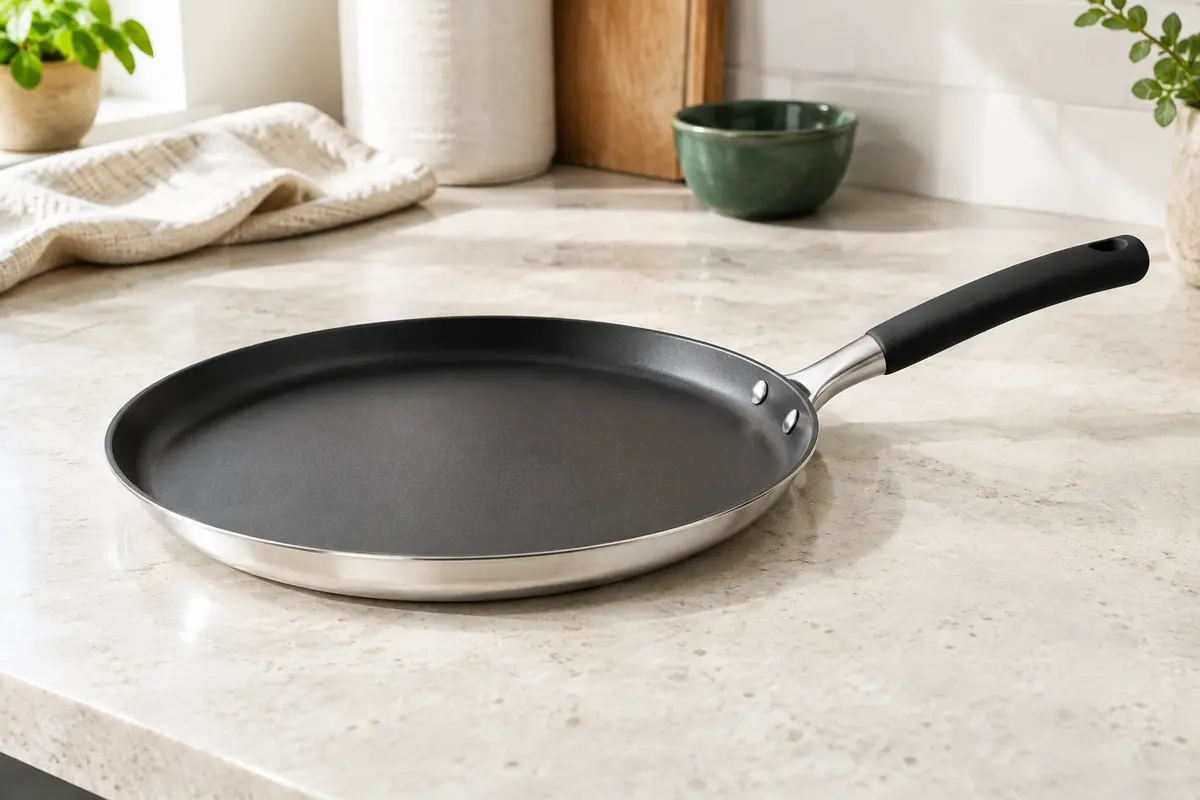 Poêle à crêpes Rösle en inox avec surface antiadhésive sombre et manche gainé de silicone