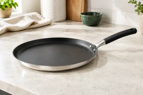 Poêle à crêpes Rösle en inox avec surface antiadhésive sombre et manche gainé de silicone