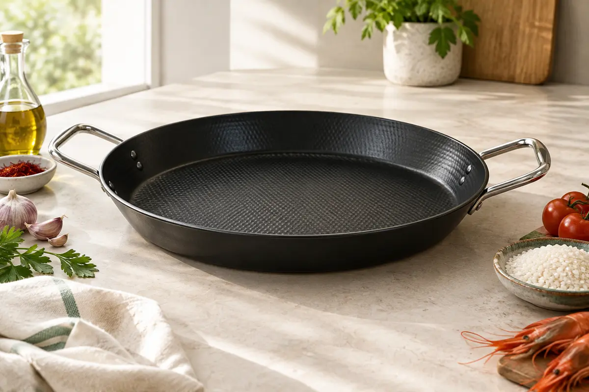 Plat à paella noir à intérieur gaufré et anses brillantes en inox, posé sur un plan de travail clair.