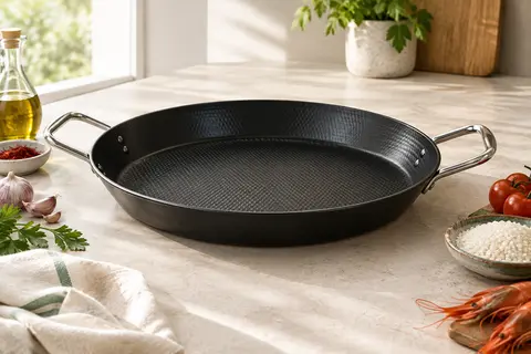 Plat à paella noir à intérieur gaufré et anses brillantes en inox, posé sur un plan de travail clair.