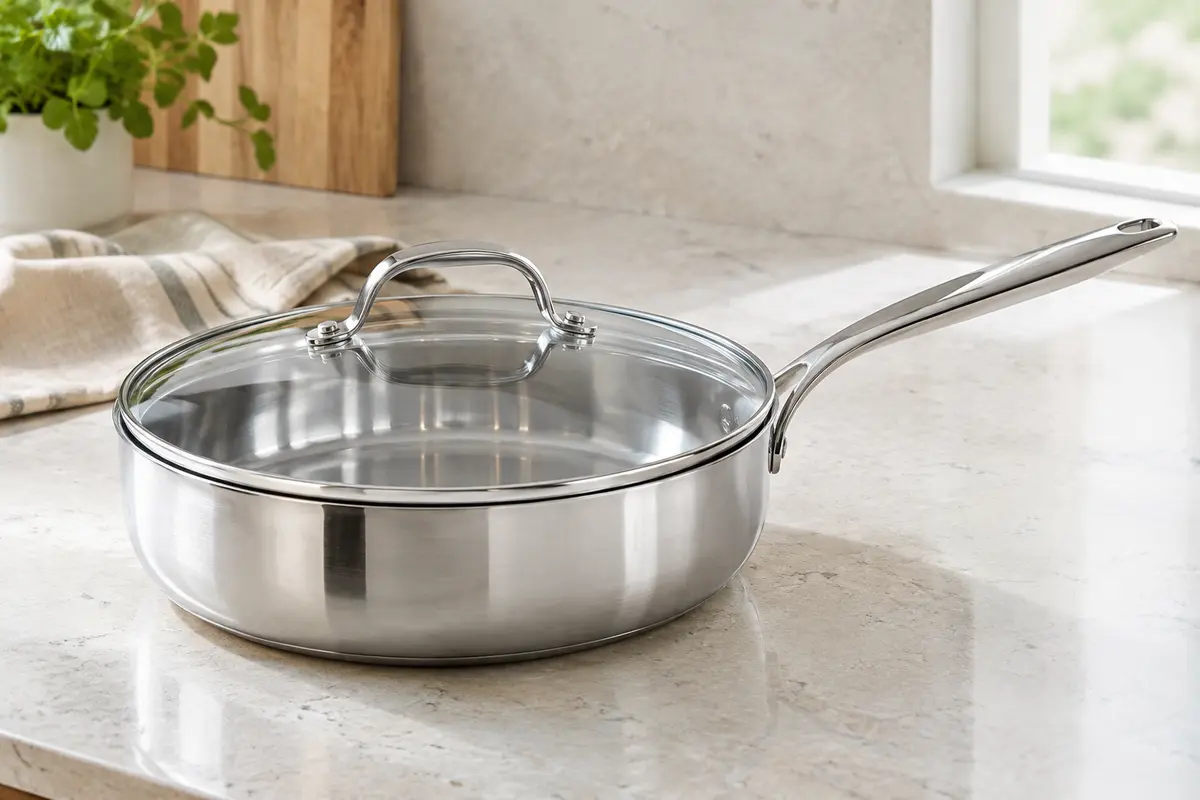 Sauteuse en inox argenté de 28 cm avec couvercle en verre, posée sur un plan de travail clair