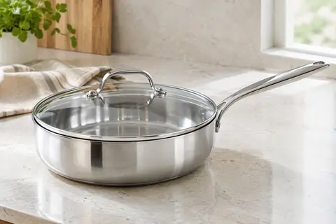 Sauteuse en inox argenté de 28 cm avec couvercle en verre, posée sur un plan de travail clair