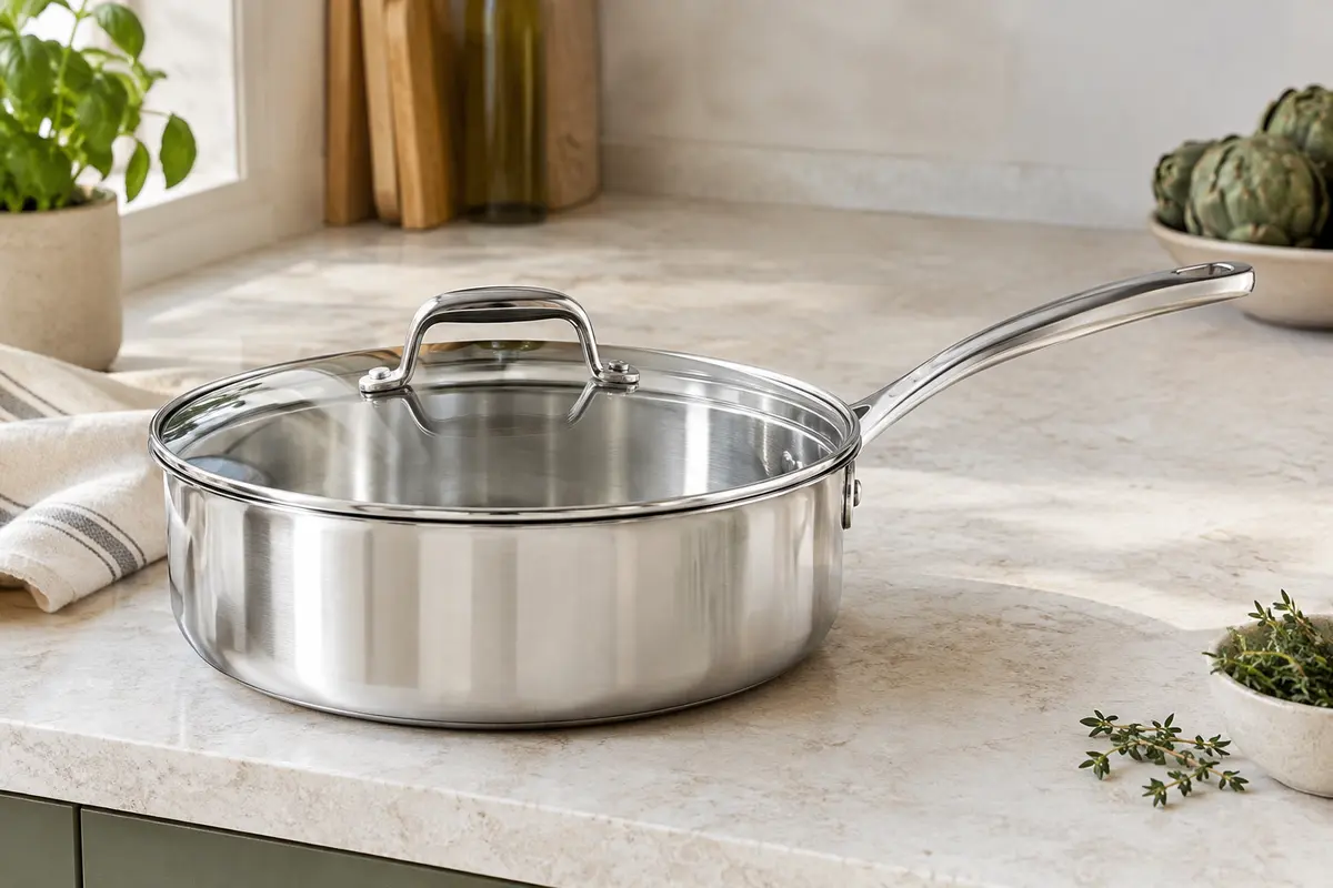 Sauteuse en inox à bords hauts avec couvercle en verre posée sur un plan de travail clair.