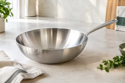 Wok en inox sans revêtement, avec bords hauts et poignée soudée, posé sur un plan de travail clair.