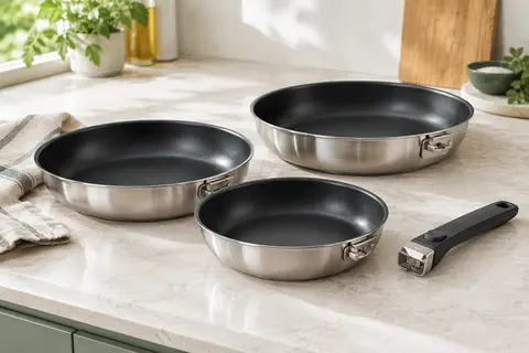 Trois poêles Sitram en inox à intérieur noir, avec une poignée amovible posée à côté sur un plan clair.