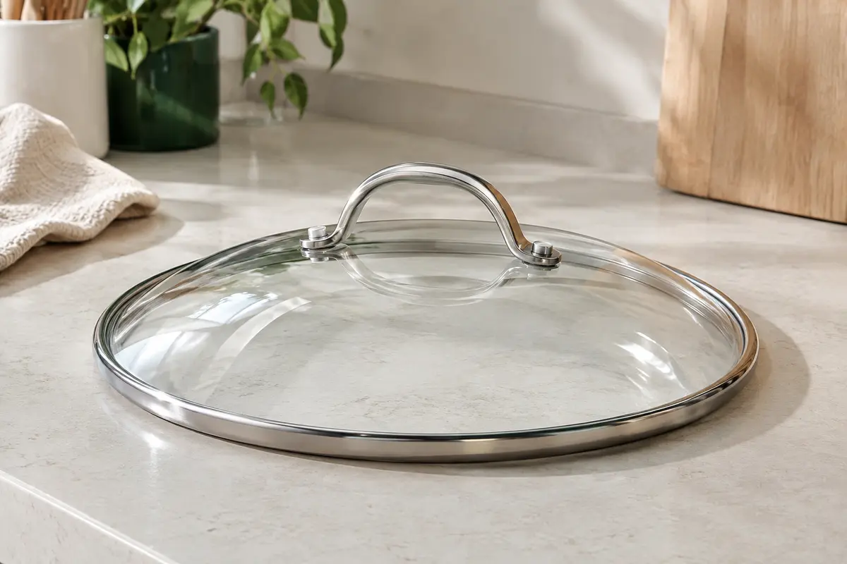 Couvercle dôme Tefal en verre transparent avec monture en acier inoxydable, posé sur un plan clair.