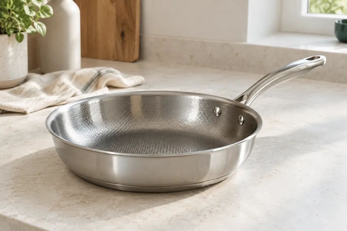 Poêle Tefal Duetto On en inox de 24 cm, avec surface intérieure texturée et poignée rivetée.