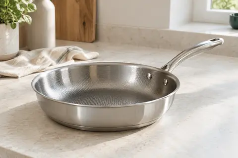 Poêle Tefal Duetto On en inox de 24 cm, avec surface intérieure texturée et poignée rivetée.