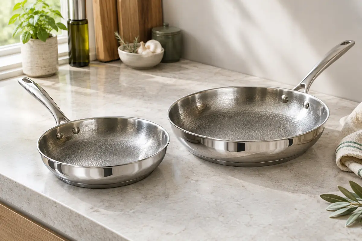 Deux poêles en inox poli de diamètres différents, posées sur un plan clair dans une cuisine lumineuse.