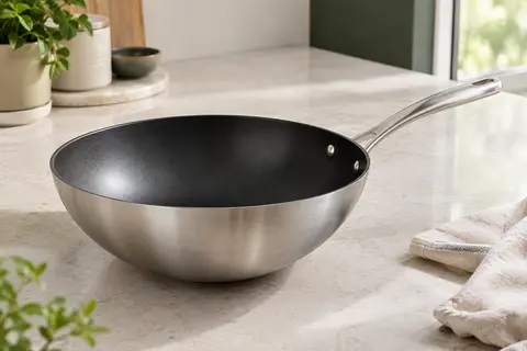 Wok Tefal en acier inoxydable avec revêtement antiadhésif et poignée rivetée, posé sur un plan de travail clair