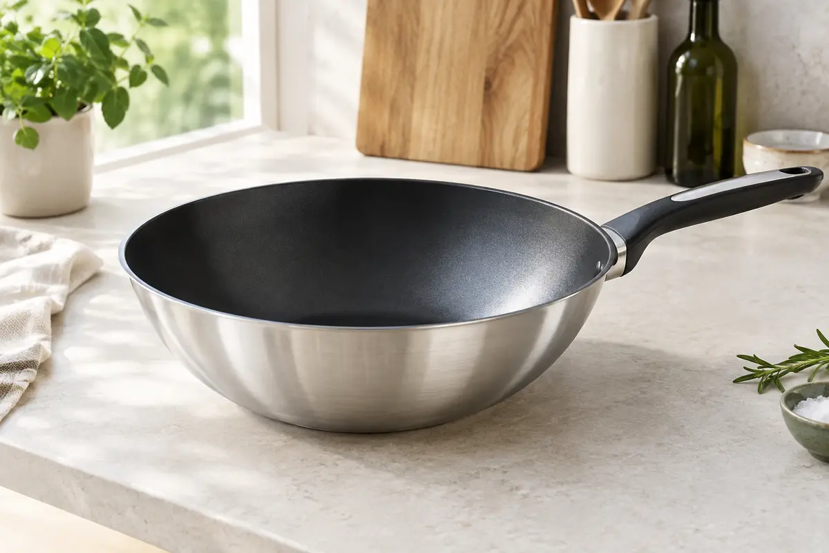 Wok Tefal en inox à revêtement antiadhésif posé sur un plan de travail clair