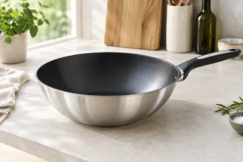 Wok Tefal en inox à revêtement antiadhésif posé sur un plan de travail clair