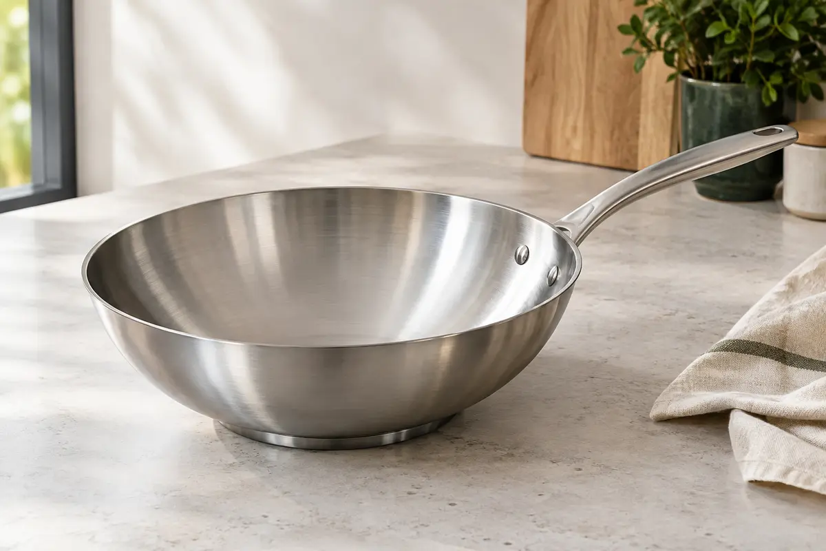 Wok Tefal Virtuoso en inox brossé posé sur un plan de travail clair dans une cuisine lumineuse.