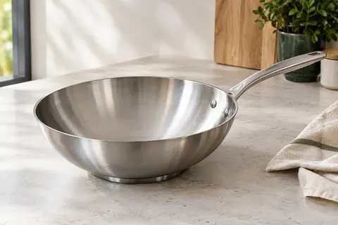 Wok Tefal Virtuoso en inox brossé posé sur un plan de travail clair dans une cuisine lumineuse.