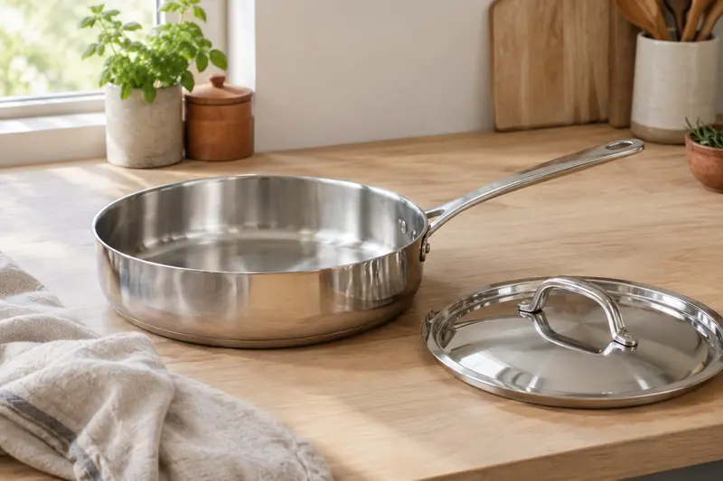 Détail d’une poêle en inox et de son couvercle sur un plan de travail clair.