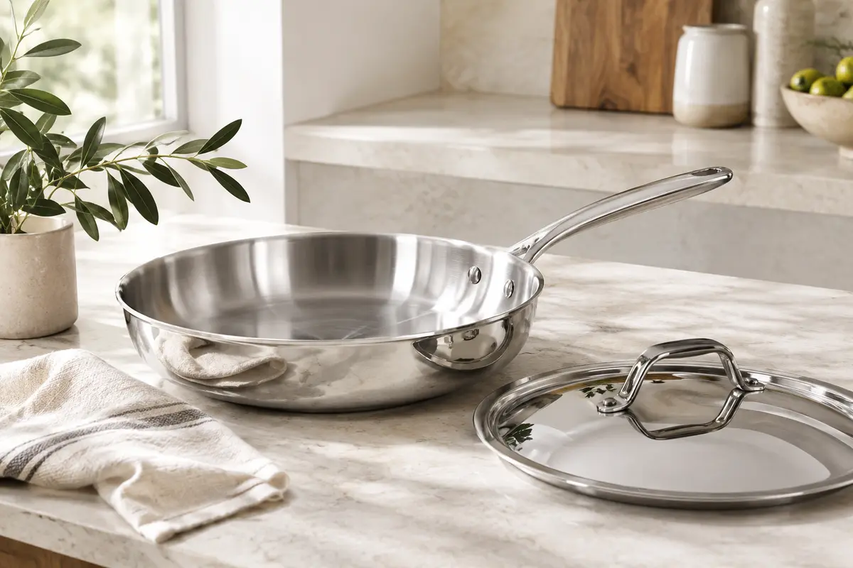 Poêles en inox posées sur un plan de travail clair dans une cuisine lumineuse et épurée.